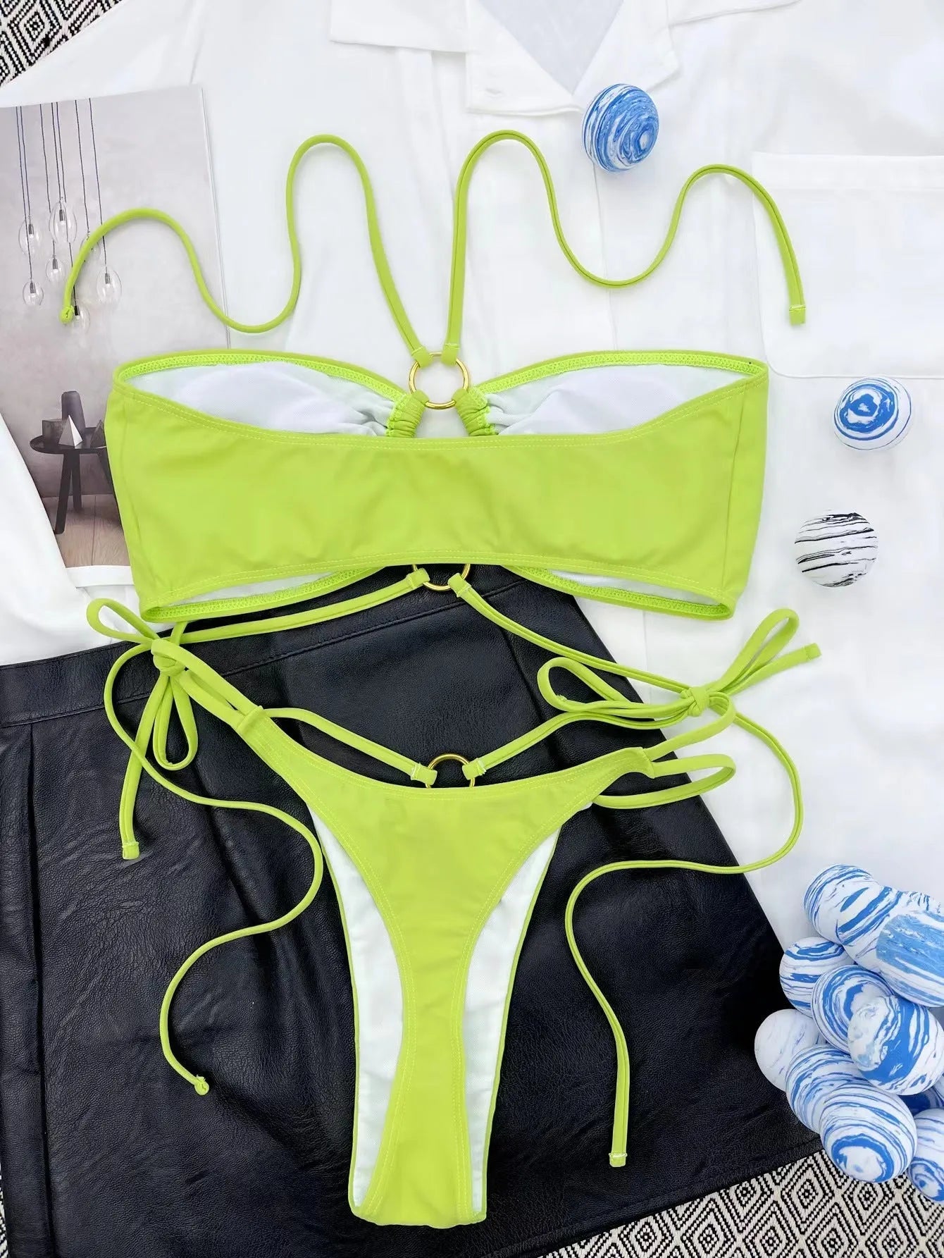Women's split bikini lace-up triangle top in yellow green nylon fabric