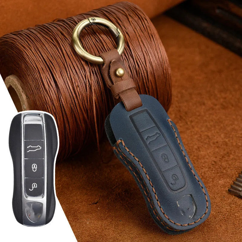 Authentic brown cowhide leather Porsche key cover with a retro metal bag buckle closure.