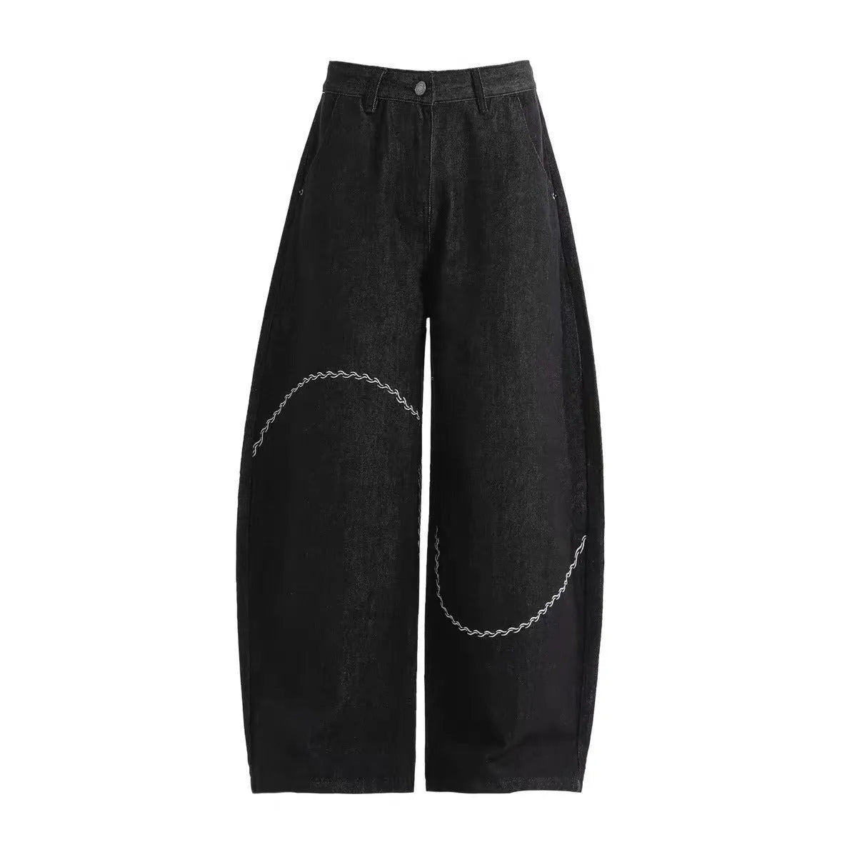 Black straight-leg denim trousers with mid waist and zip placket closure on hanger