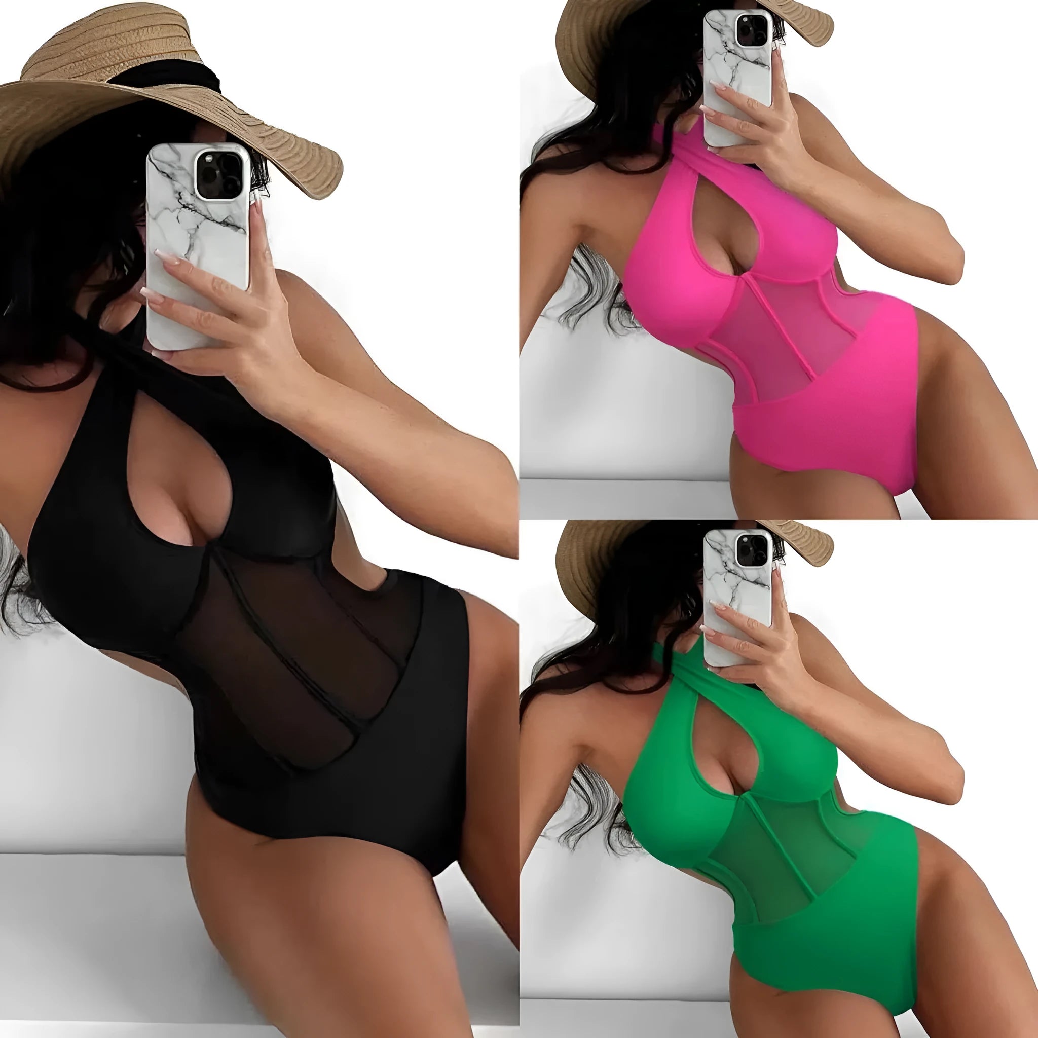 Women's black one-piece swimsuit bikini made from nylon and spandex fabric on a mannequin.