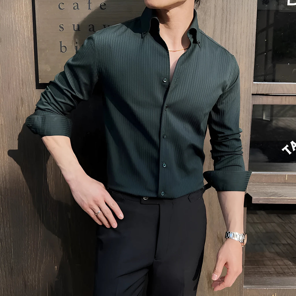 Men's dark striped V-neck long sleeve casual shirt shown in a choice of colours.