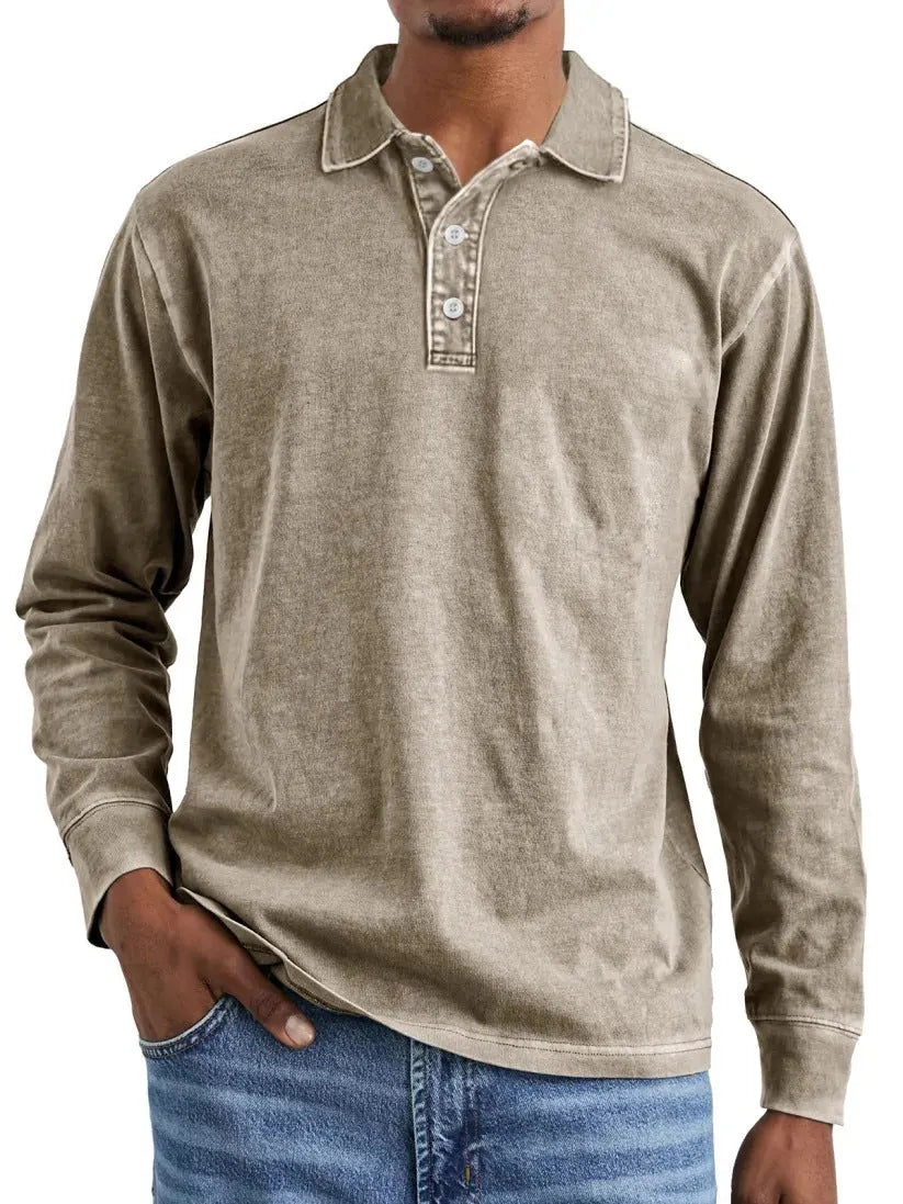 Retro style long sleeve polo shirt with lapel collar in washed, distressed cotton fabric.