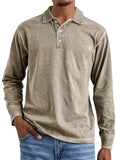 Retro style long sleeve polo shirt with lapel collar in washed, distressed cotton fabric.