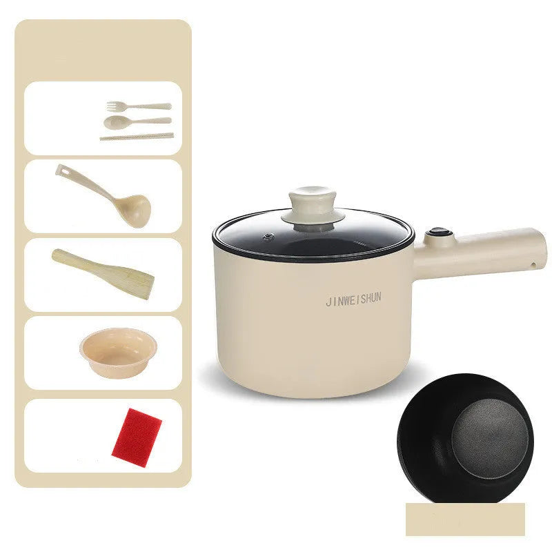 Mini hot pot electric cooker in green with stainless steel body, non-stick pot, and steam grid option for portable cooking
