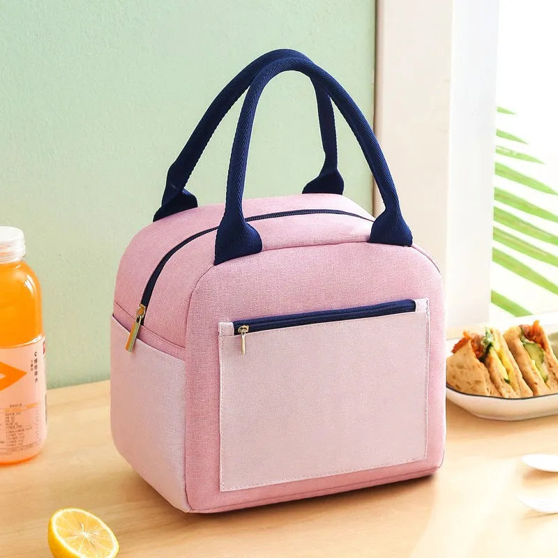 Multi-purpose insulated lunch bag in Oxford cloth with aluminium foil lining, available in blue, green beige, pink, and yellow green colours