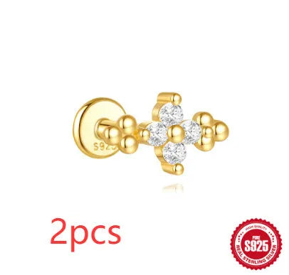 S925 sterling silver geometric earrings with moon and diamond-embedded star design in a gold colour.