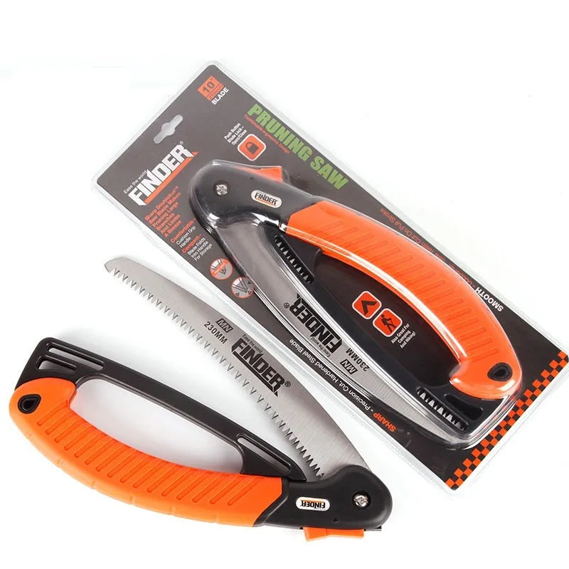 9-inch folding garden hand saw with black TPR rubber grip and silver steel blade shown both open and closed.
