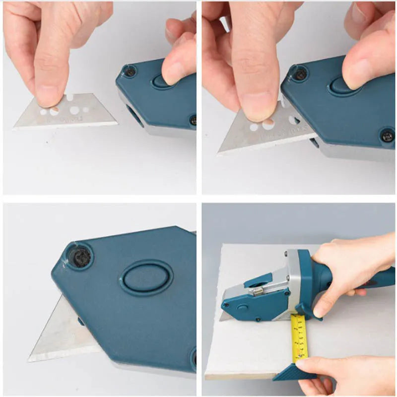 Blue multifunctional woodworking cutter with a measuring scale and one-press lock for dust-free board cutting.
