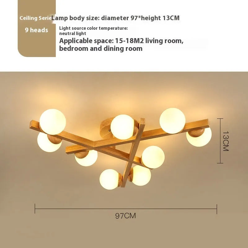 Nordic style wooden ceiling lamp with three light heads emitting neutral colour illumination