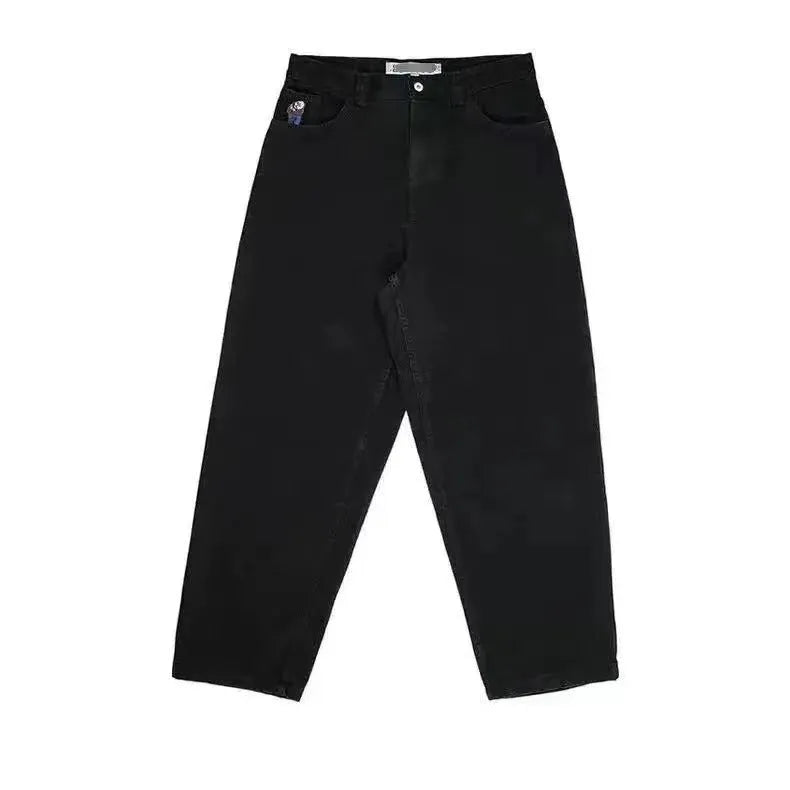 Men's retro personalised pattern printed straight-leg denim trousers in dark blue on a model