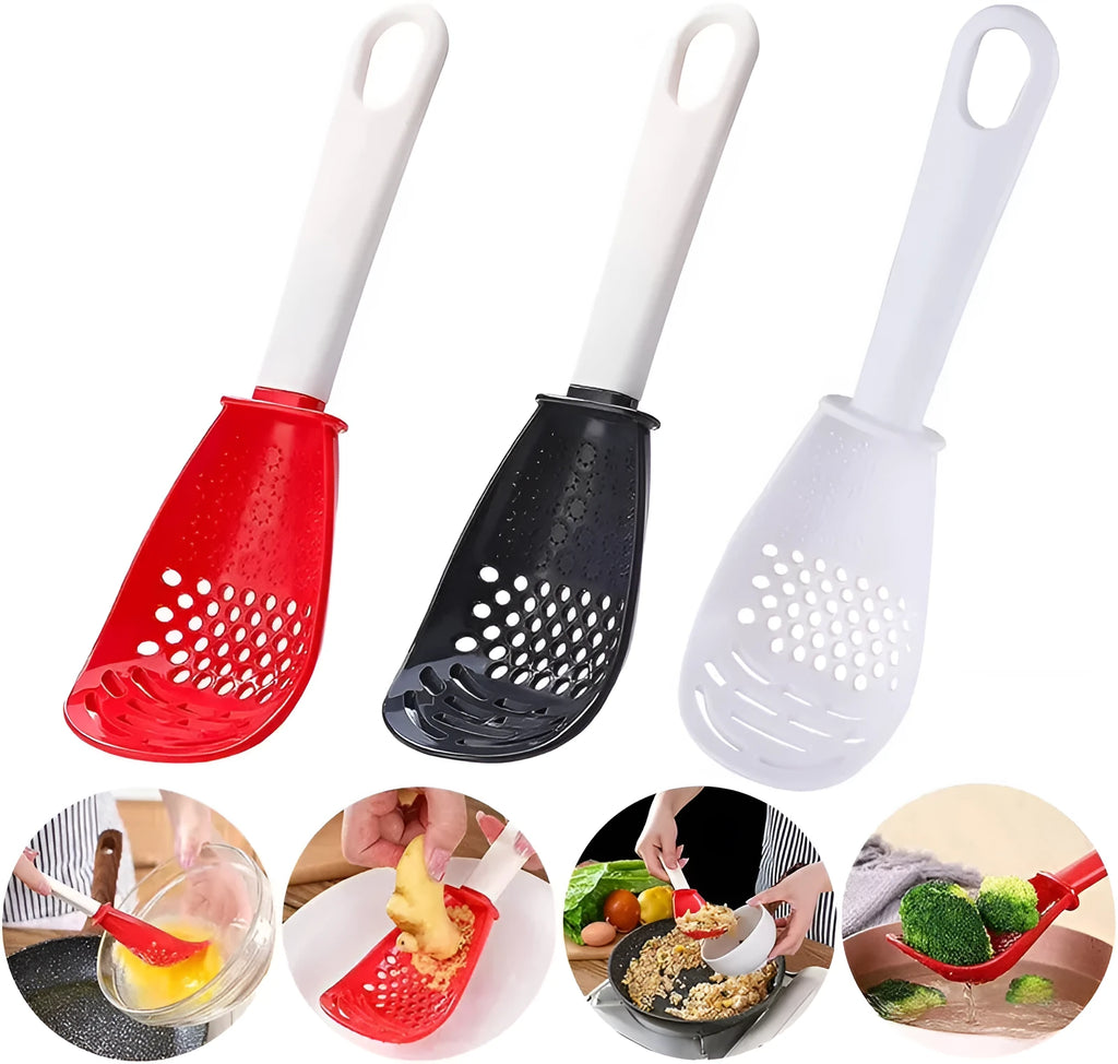 Multifunctional slotted grinding cooking spoon in red plastic with half-enclosed head and serrated edge