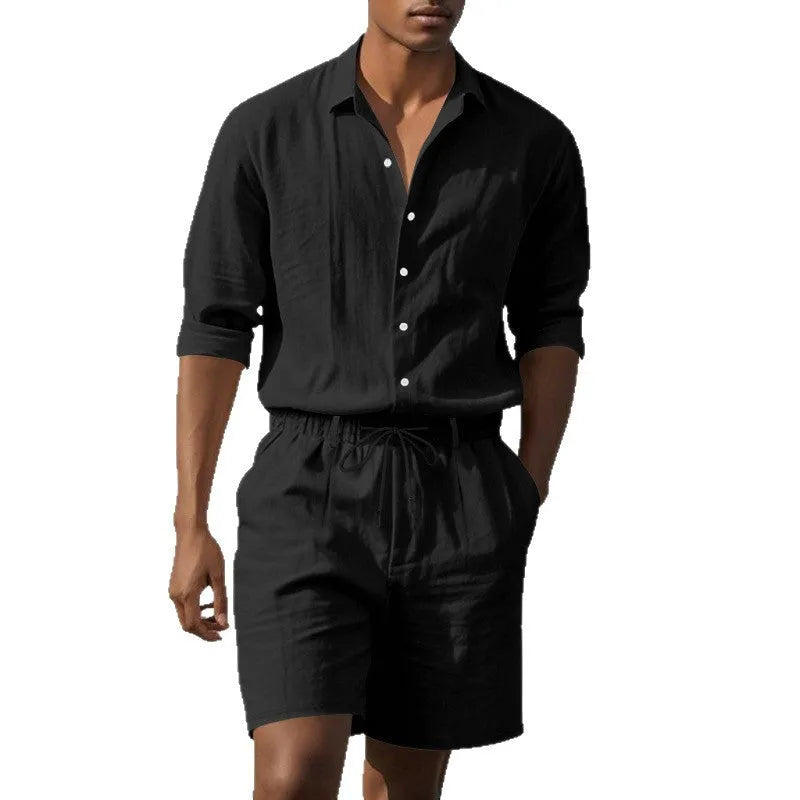 Men's casual linen beach suit set featuring a long sleeve shirt and matching shorts.
