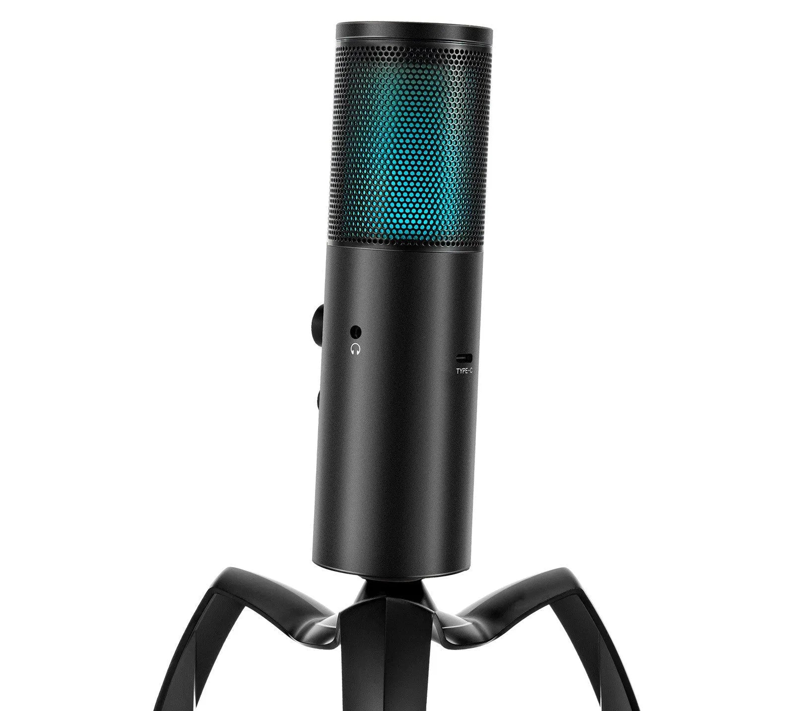 Black Q18 USB condenser microphone with RGB lights on an adjustable metal tripod stand.