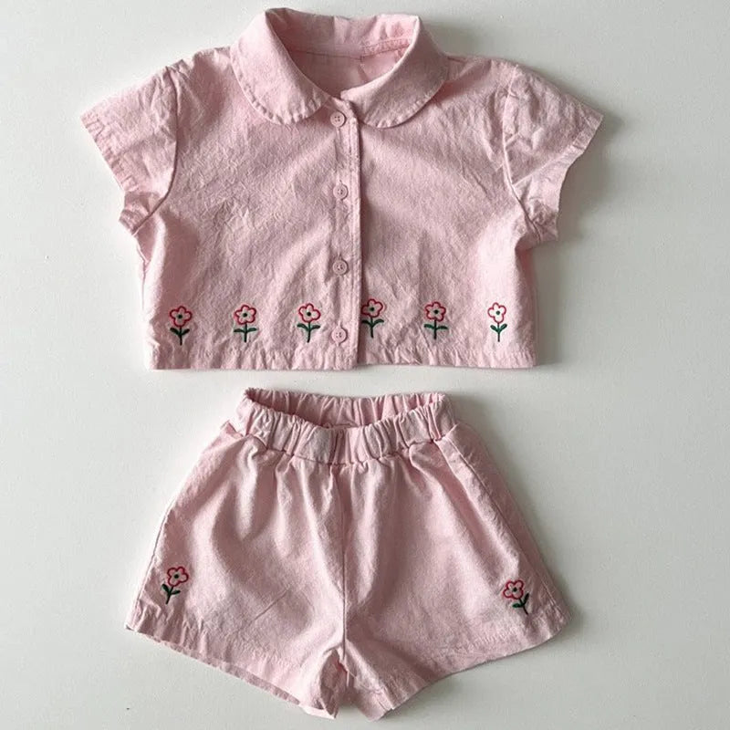 Cotton floral short sleeve shorts two-piece set for kids in pink and sapphire blue