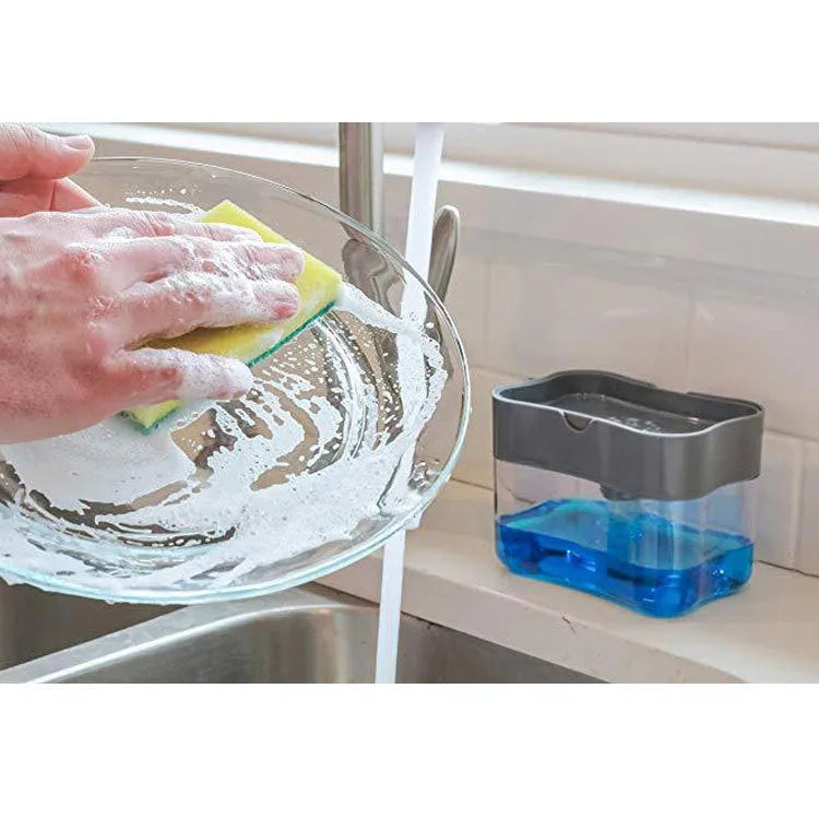 Plastic kitchen soap dispenser in grey with pump, 14.5 x 9.5 x 13.5 cm