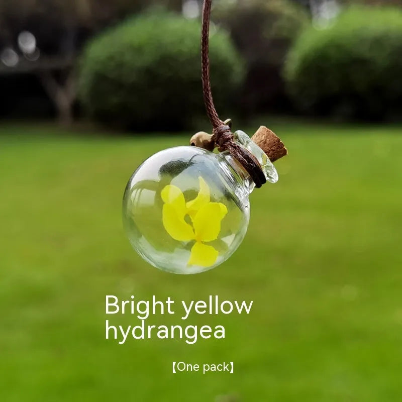 Glass fire extinguisher shaped pendant with preserved hydrangea flowers for car interior decoration