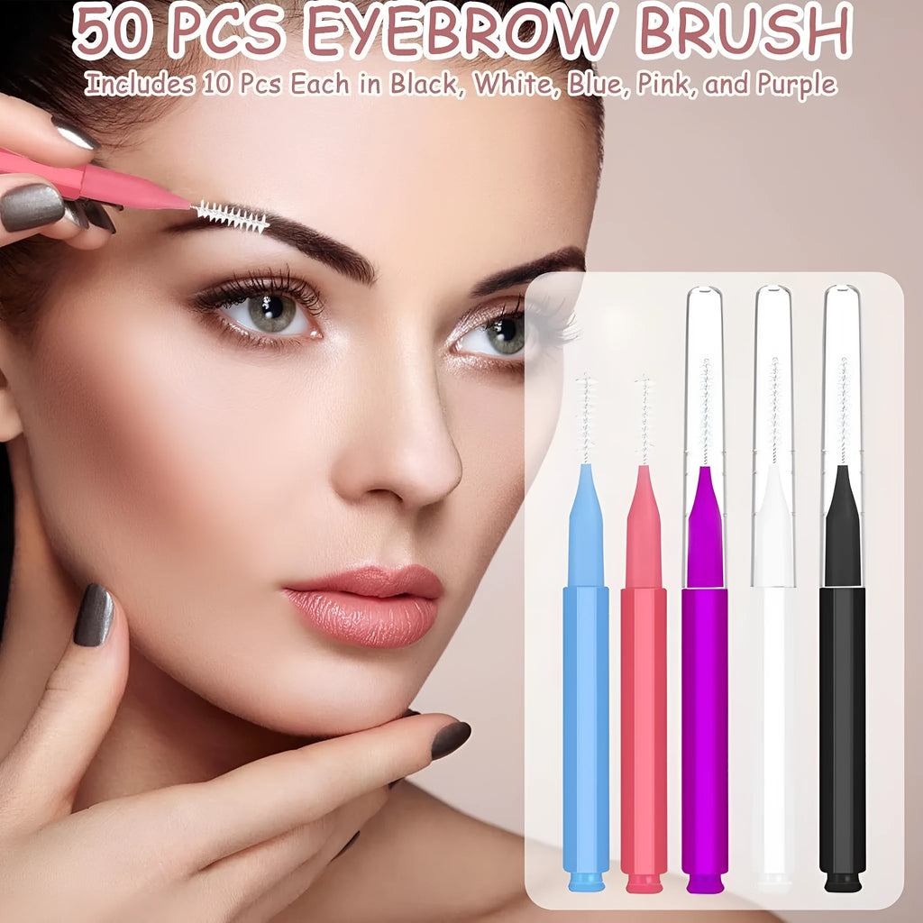 Micro eyebrow and lash brush set with caps in five colours including black and purple, with spoolies and angled brushes