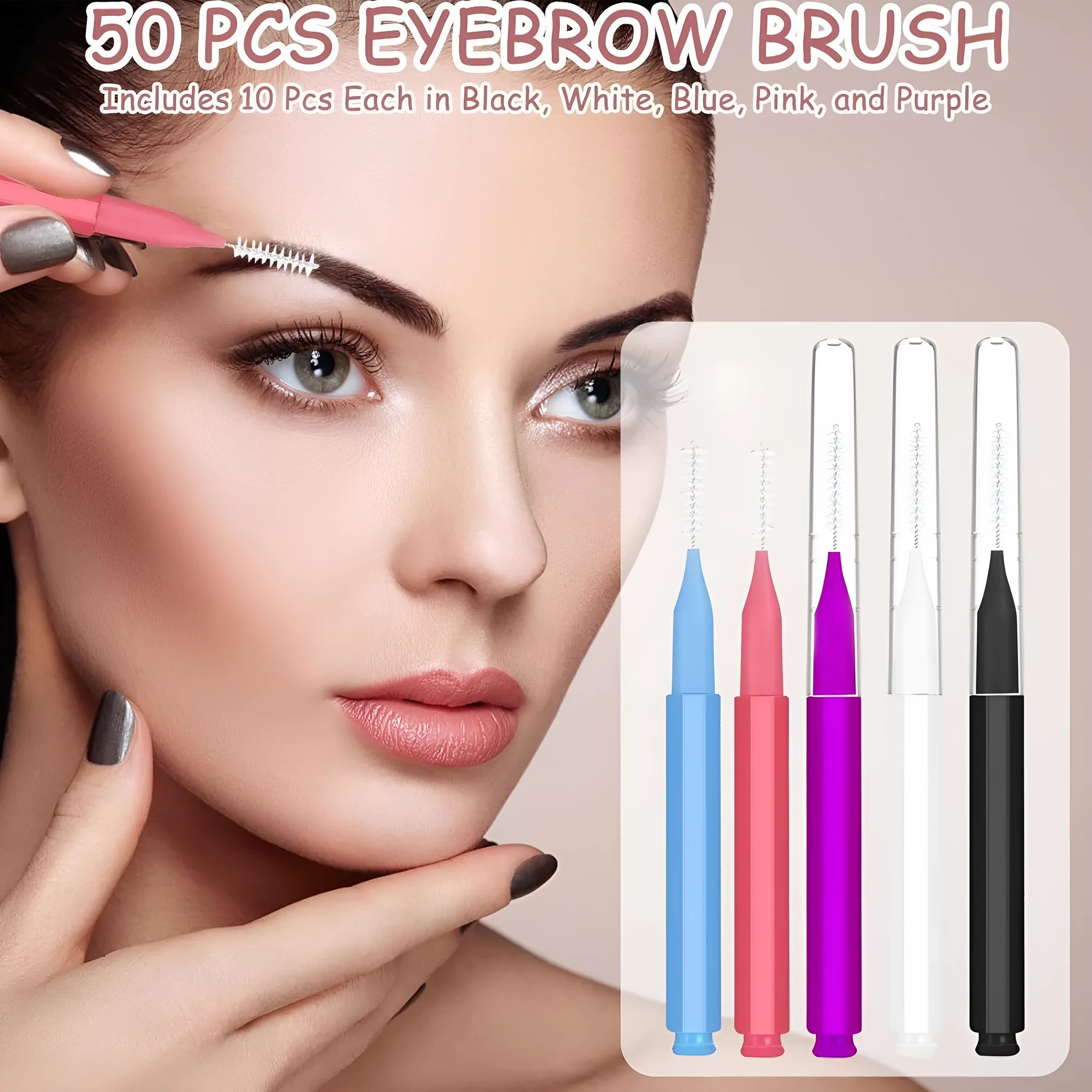 Micro eyebrow and lash brush set with caps in five colours including black and purple, with spoolies and angled brushes
