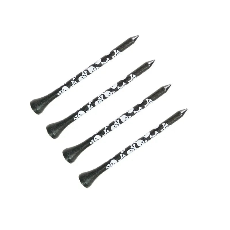 Ten bamboo dowel pins for golf spikes in two lengths with black skull print.
