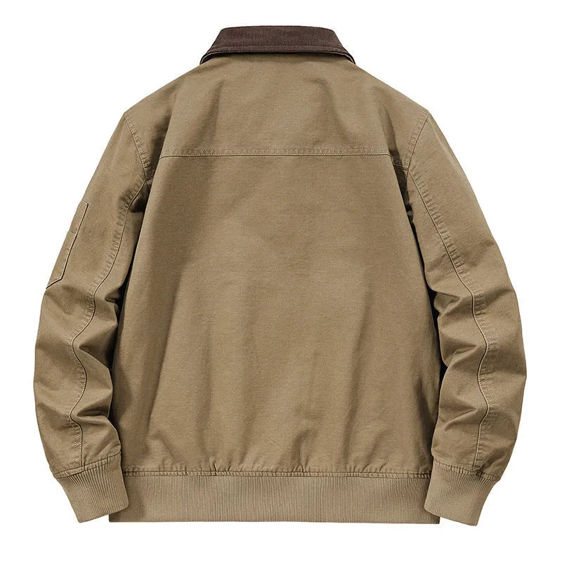 Men's camel washed cotton baseball jacket with a zip front and ribbed cuffs.