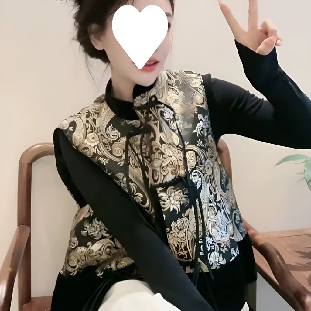 Women's Tang Suit retro vest with plant and flower pattern and button front cardigan style in picture colour