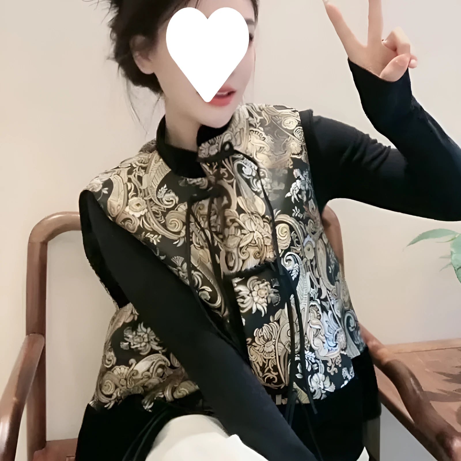Women's Tang Suit retro vest with plant and flower pattern and button front cardigan style in picture colour