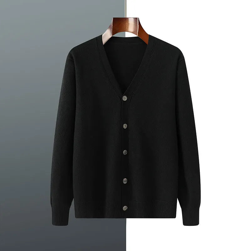 Men's V-neck cardigan coat in Andy velvet fabric showing loose fit and texture detail