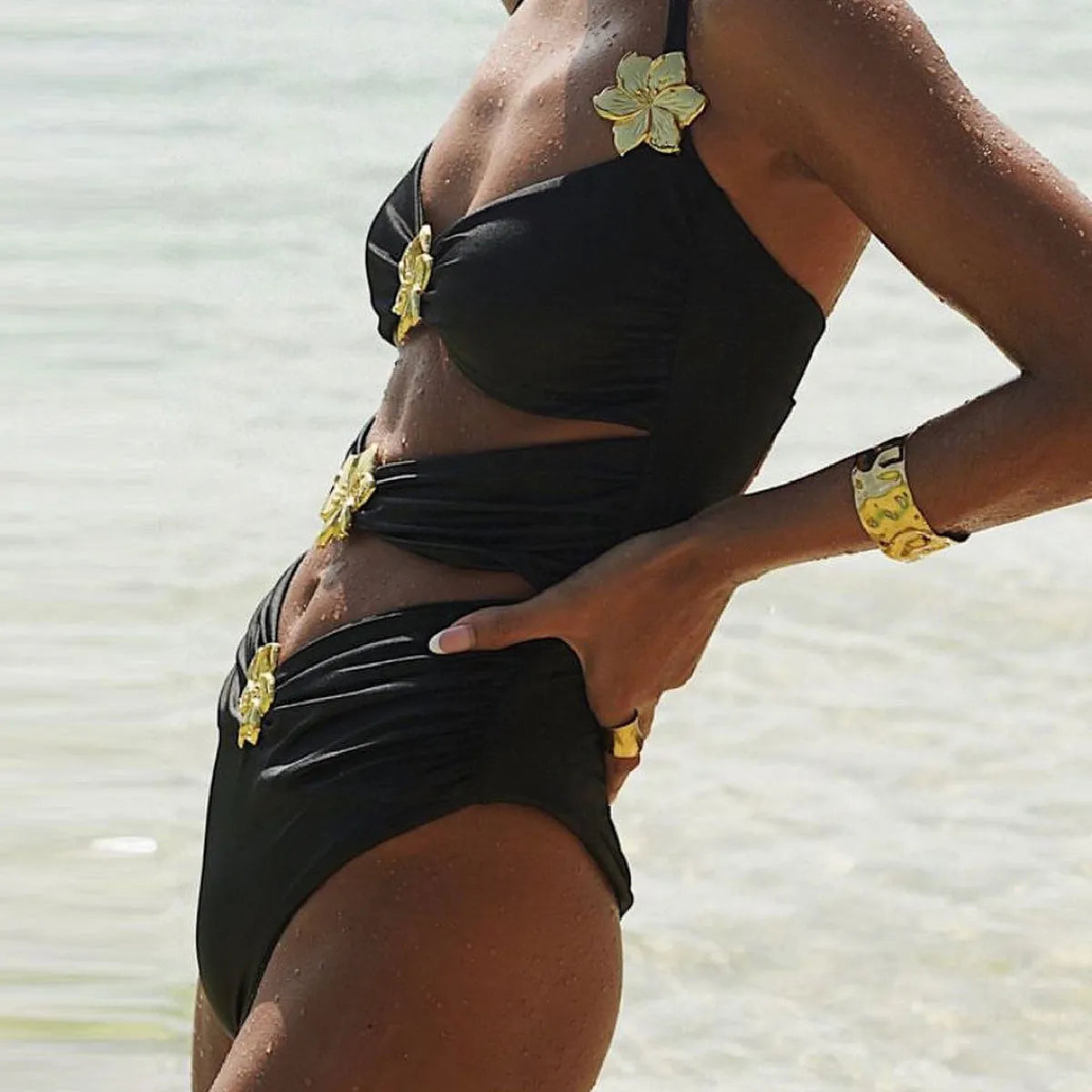 Women's solid colour one-piece swimsuit with detachable short skirt, shown in a high-waist style with a hollow-out tube top.