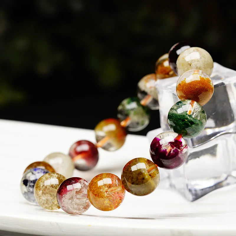Natural colourful ghost cornucopia crystal bracelet with 10mm beads in ethnic retro style