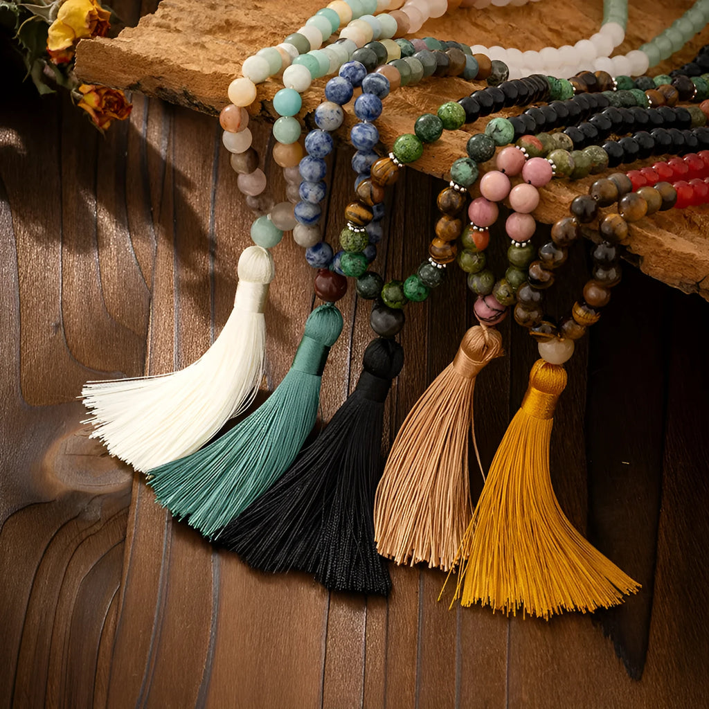 Vintage tassel bohemian chain with natural stone geometric beads in ten colour options