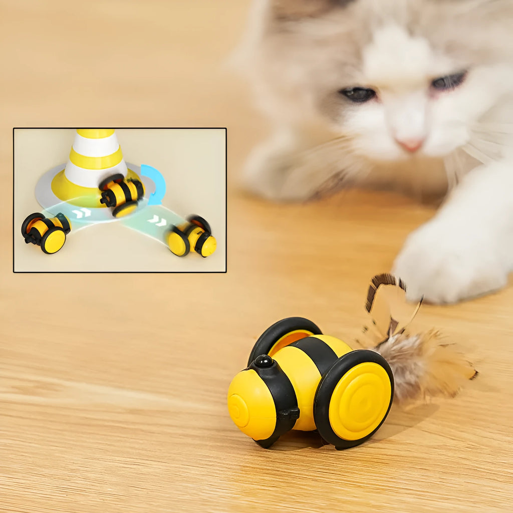 Electric cat car toy with bee design, pink, moving randomly with feather teaser