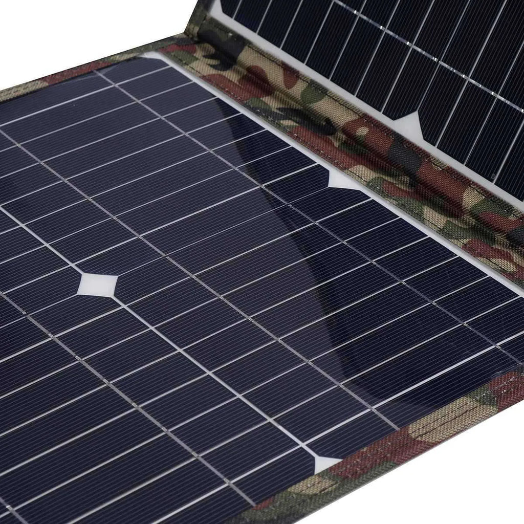 Black foldable 36W portable solar panel unfolded with included charging accessories