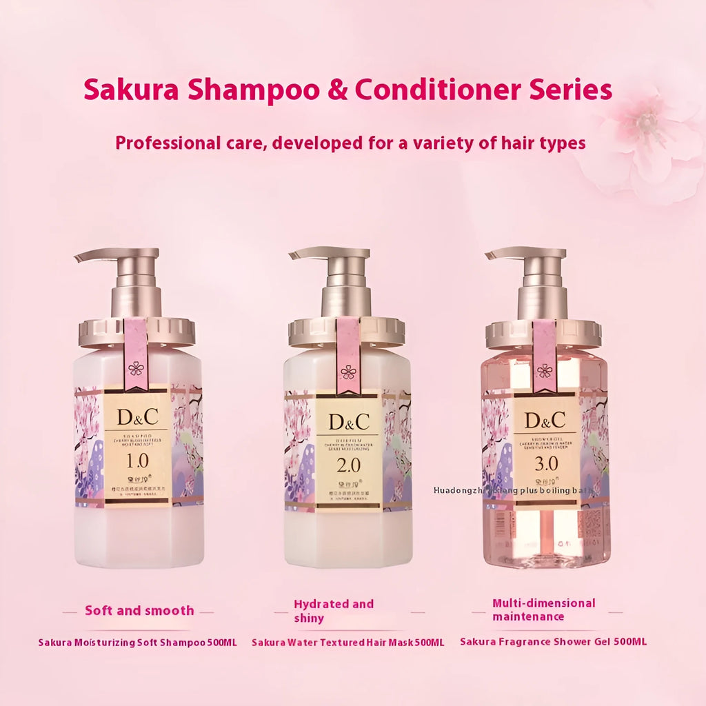 Sakura shampoo, conditioner, and shower gel set in three 500ml bottles