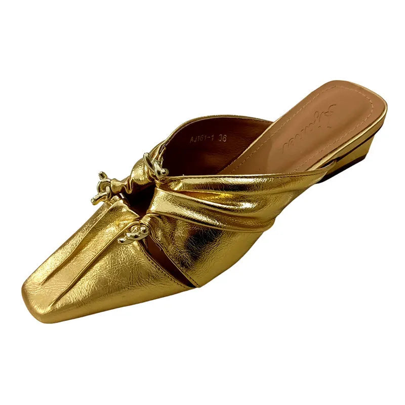 Genuine leather women's half toe cap slippers in gold with low heel and square toe