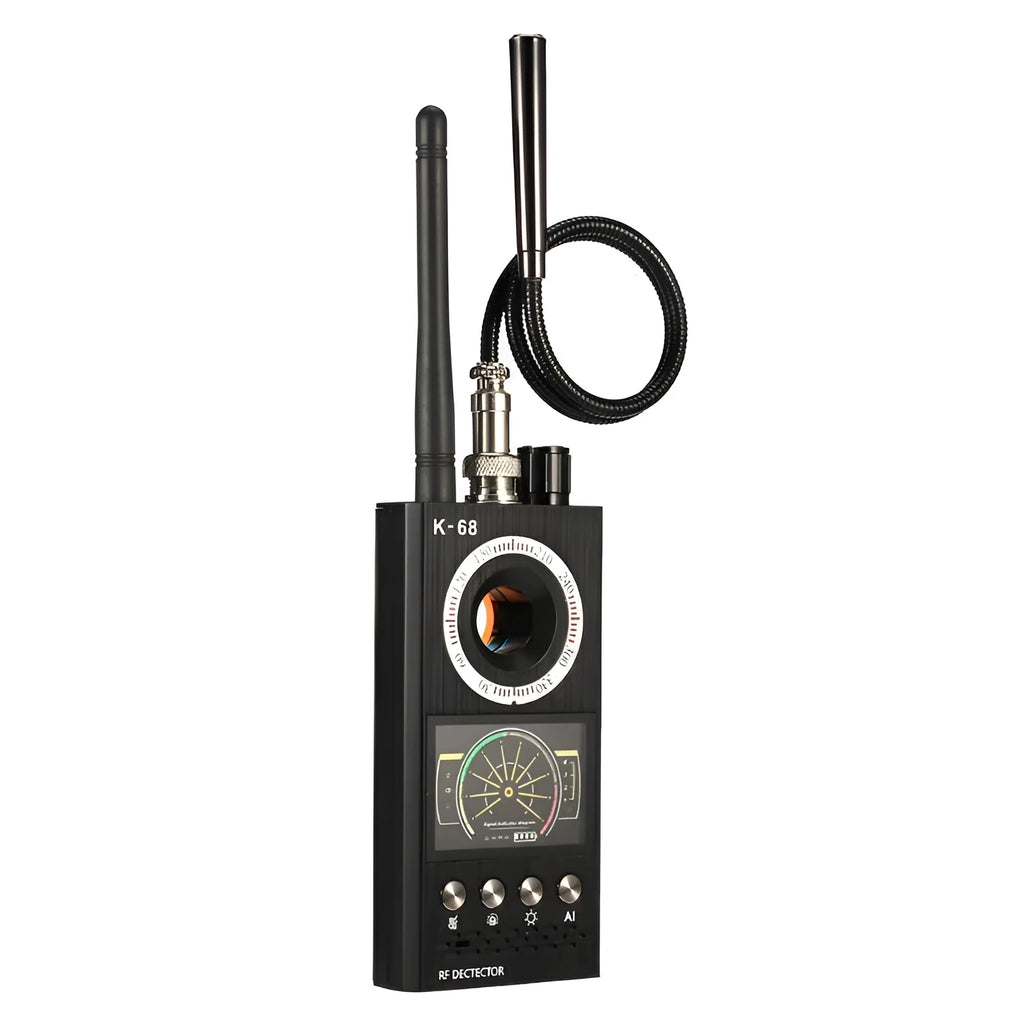 K68 black anti-sneak camera signal detector with sound alarm, 1-8000 MHz, 140x62x30 mm