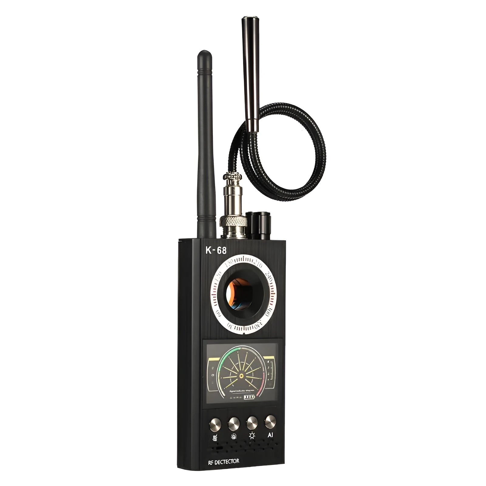 K68 black anti-sneak camera signal detector with sound alarm, 1-8000 MHz, 140x62x30 mm