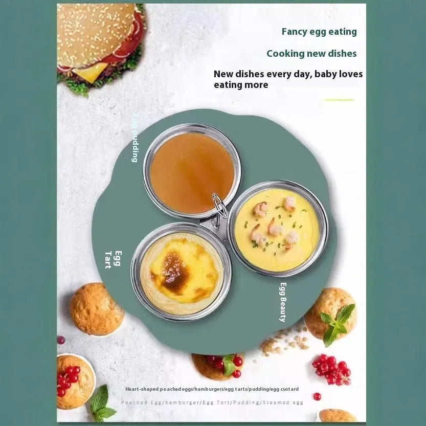 Small stainless steel heart-shaped egg steamer or round egg cooker for use on a hob.