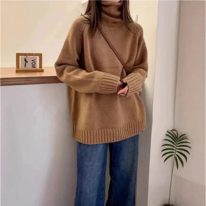 Women's loose thick turtleneck sweater with textured curling pile collar in solid colour