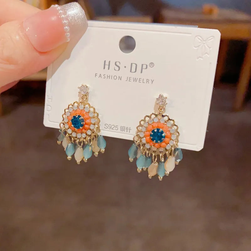 Diamond embedded round crystal tassel earrings thick gold plated copper geometric drop blue purple women's jewellery