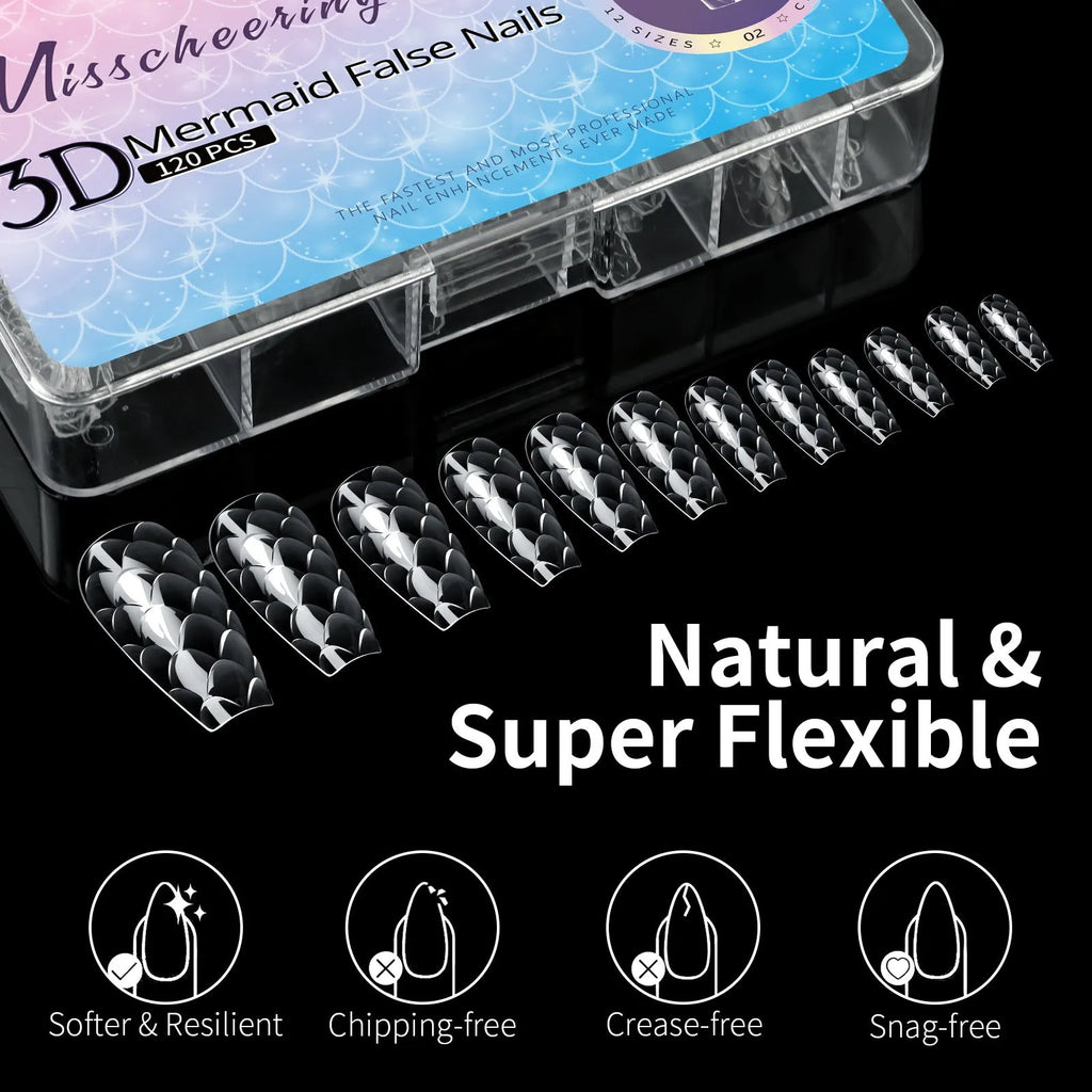 3D scale long shaping nail tips in Frigate box packaging with multiple colour options for nail extension use
