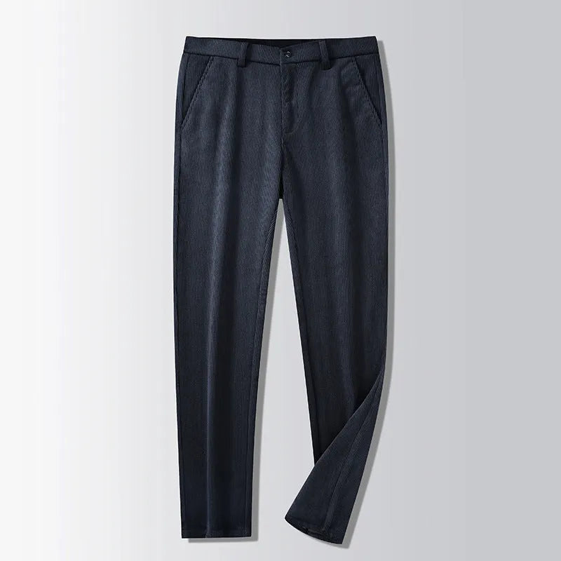 British retro style straight-leg striped trousers in a neutral colour on a hanger.