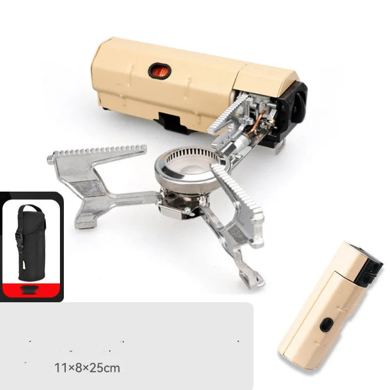Green folding camping gas stove with burner, serrated bracket, and anti-slip feet on a tabletop