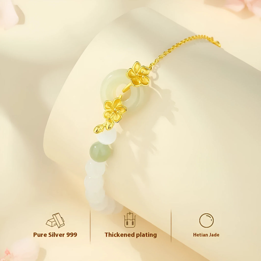 Peach blossom safety buckle bracelet for women, pure silver with electroplated finish, white gold colour option