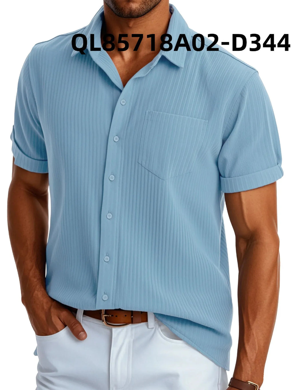 Men's loose short sleeve lapel shirt in printed polyester, black line D344 design, front view