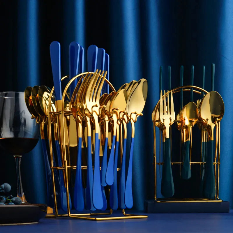 24-piece gold stainless steel dinnerware set with storage rack including knives forks spoons teaspoons