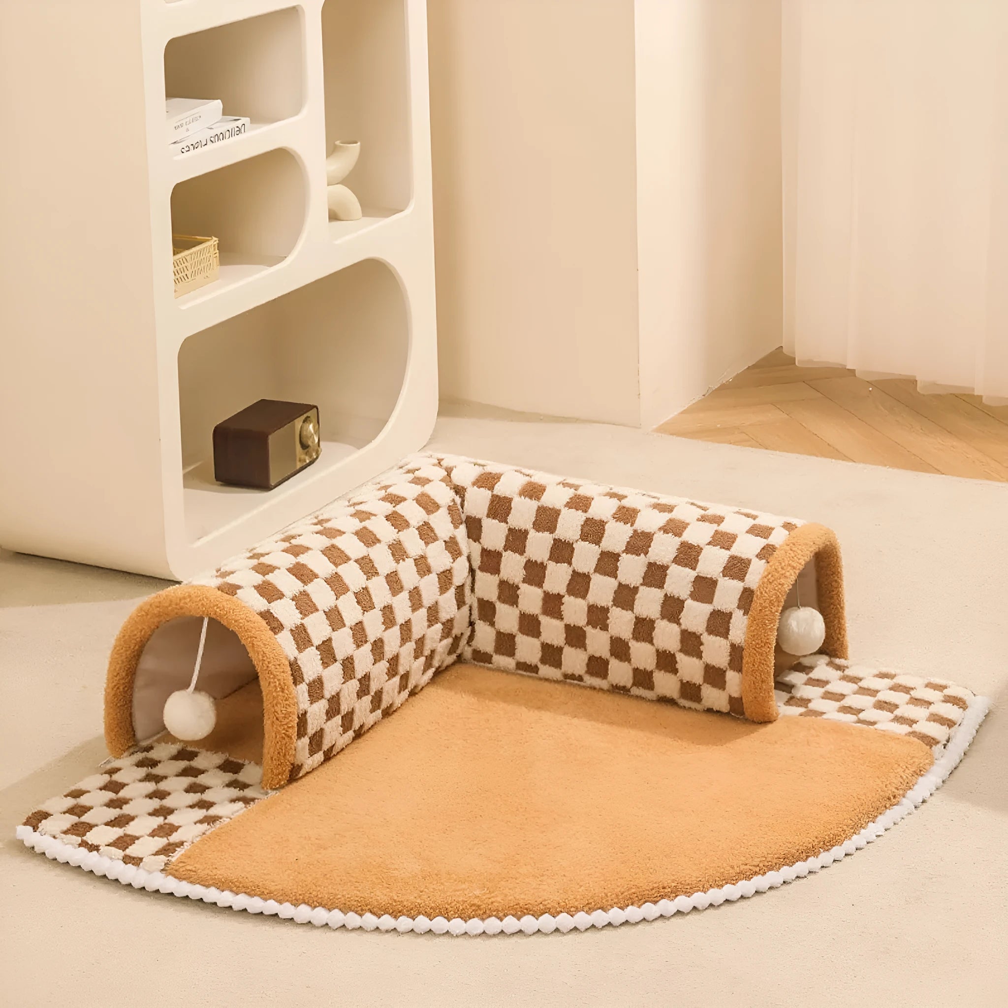 Coffee and yellow plaid fan-shaped pet bed tunnel with a thick plush mat and anti-slip base.