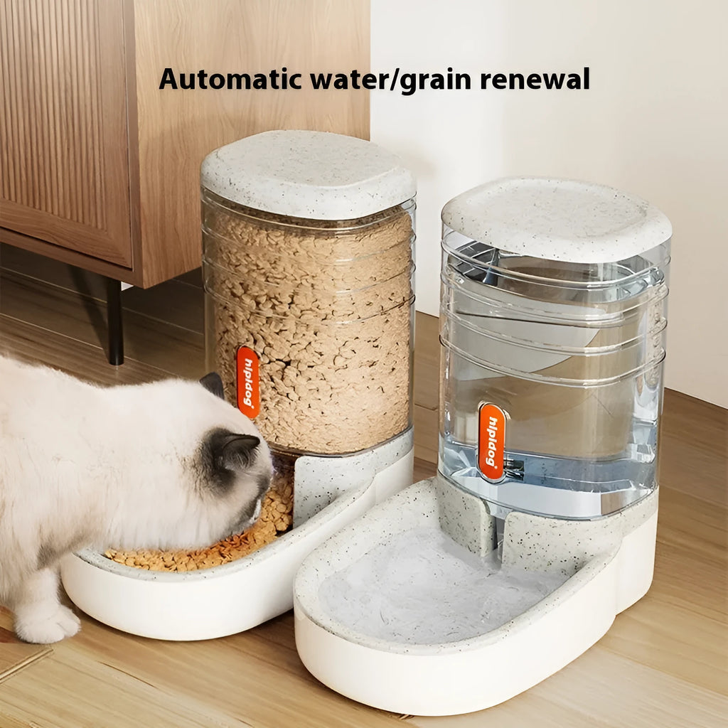 Automatic gravity-fed pet feeder or water fountain with 3.8-litre reservoir in blue, green, grey, or pink colour.