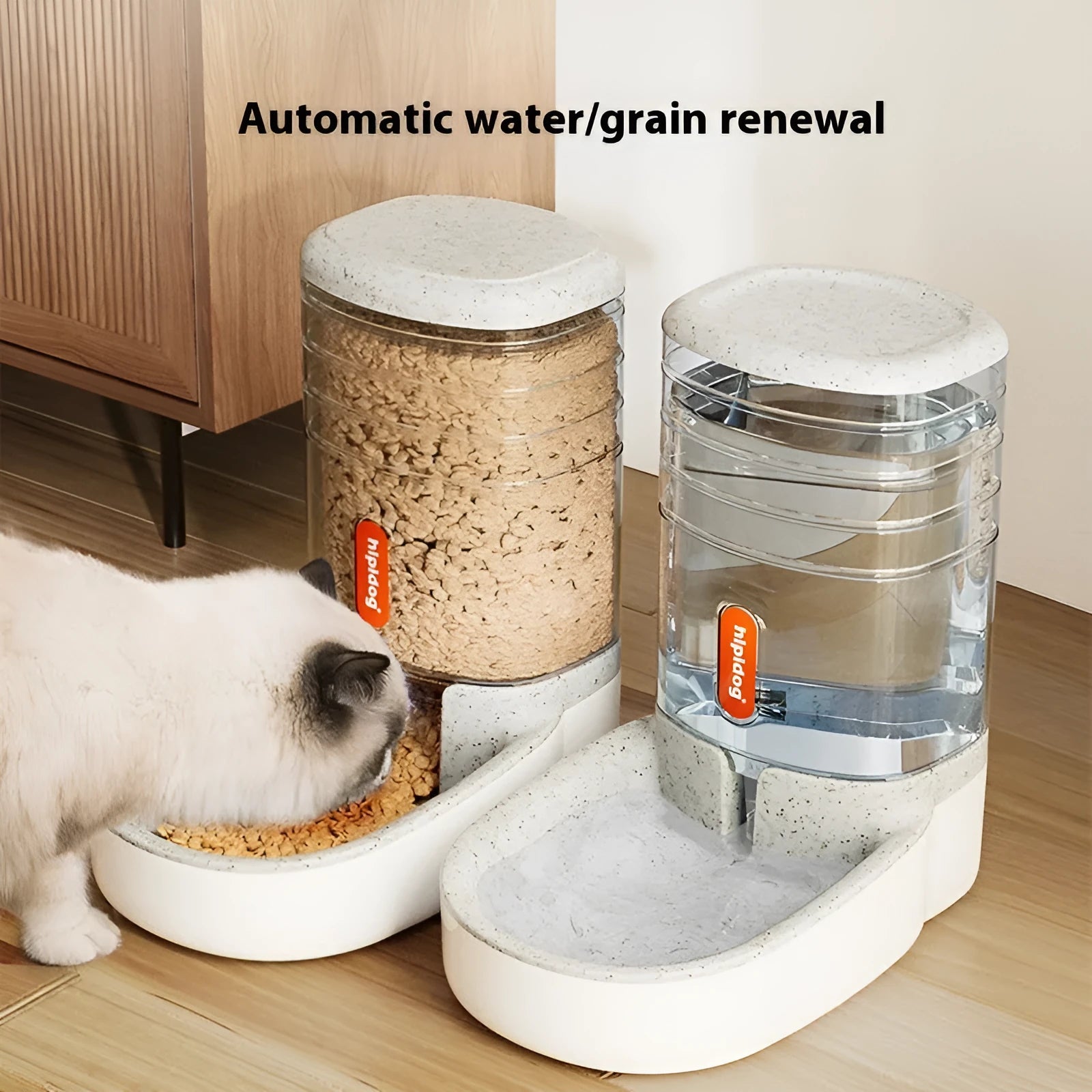 Automatic gravity-fed pet feeder or water fountain with 3.8-litre reservoir in blue, green, grey, or pink colour.