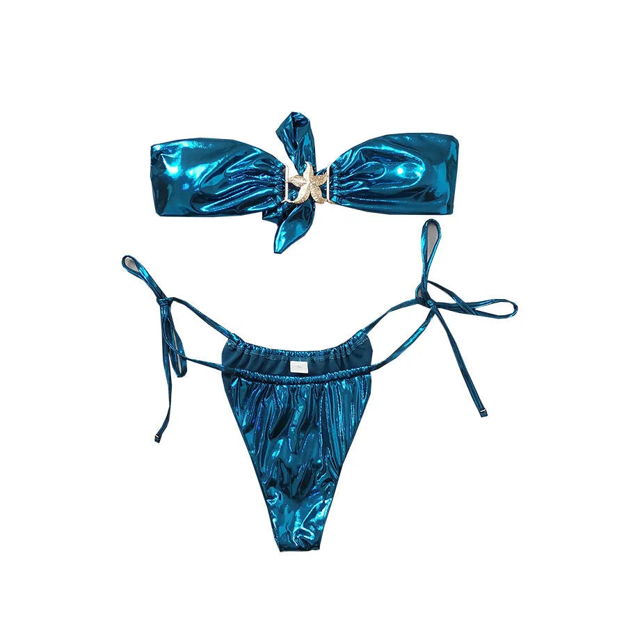 Women's glossy blue tube top bikini with gold starfish detail on quick-drying polyester fabric