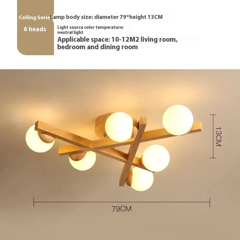 Nordic style wooden ceiling lamp with three light heads emitting neutral colour illumination
